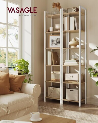 Biblioteca cu 6 niveluri, Vasagle, 39.6x30x187 cm, PAL/otel, bej/alb