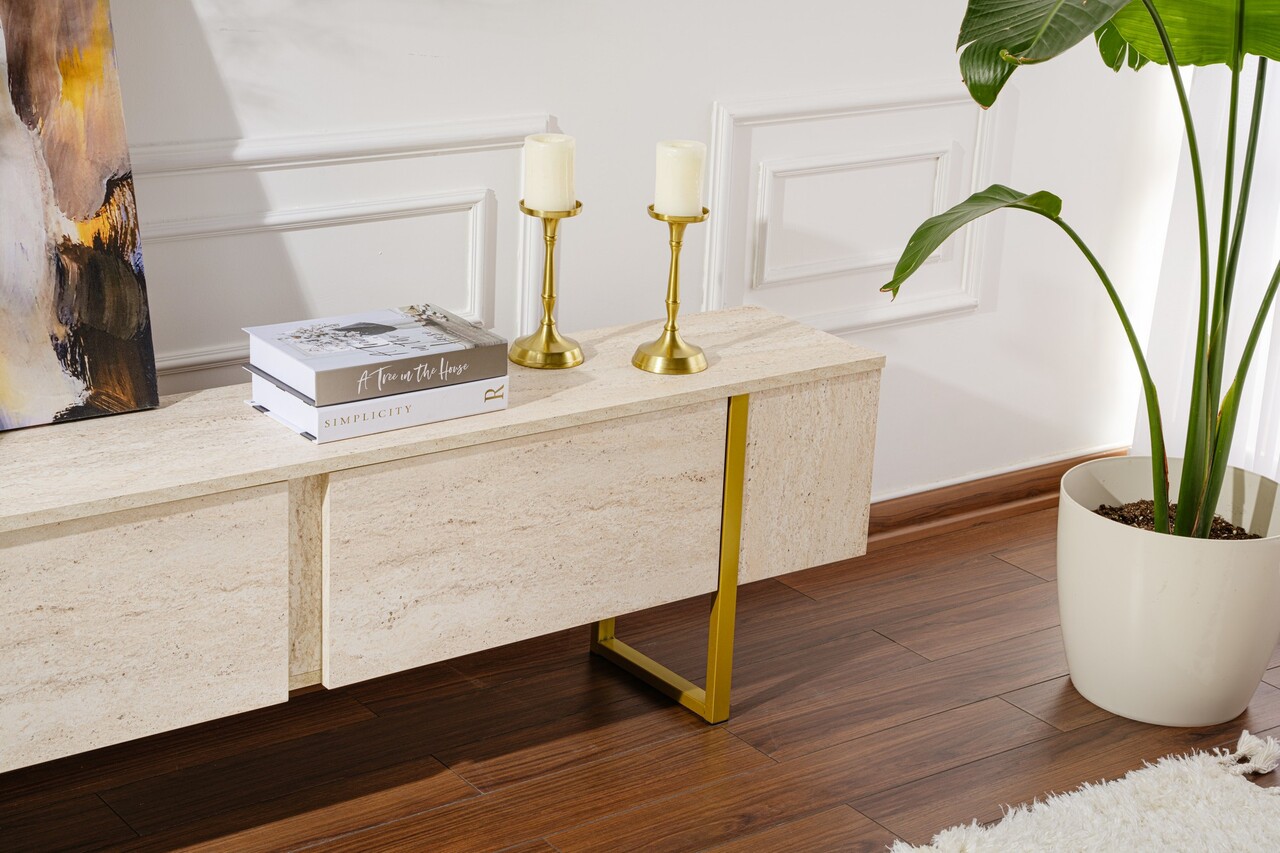Comoda TV, Nordure, Serenity, 180x50x30 cm, Travertin / Auriu - imagine 5