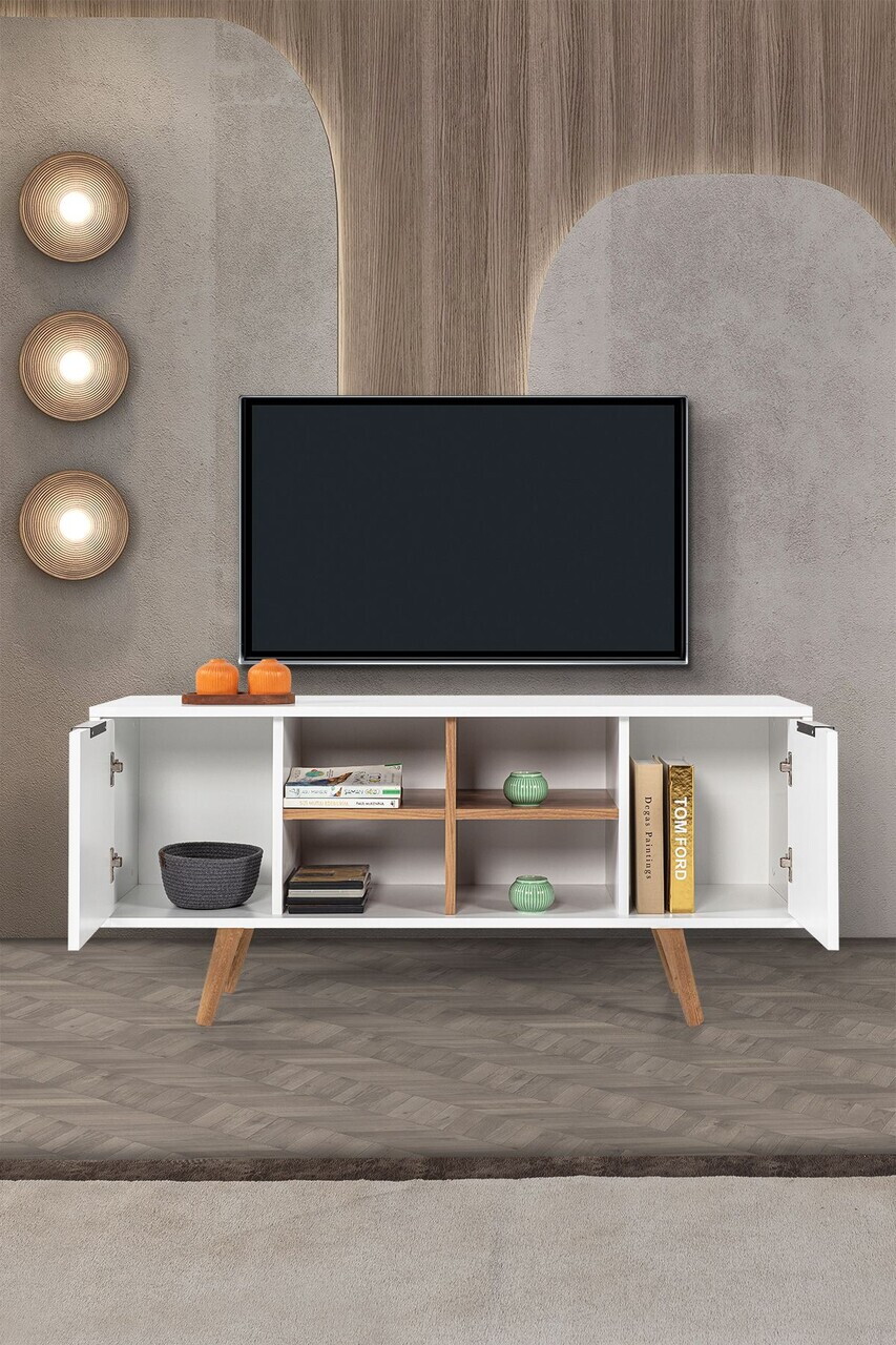 Comoda TV, Hanah Home, Sina 3318, 130x59x35 cm, PAL, Alb/Maro — imaginea 2