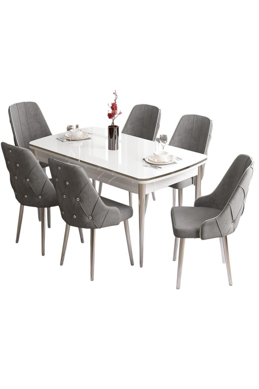 Set masa si scaune (7 piese), Hanah Home, Tia, Alb / Crom / Gri — imaginea 2
