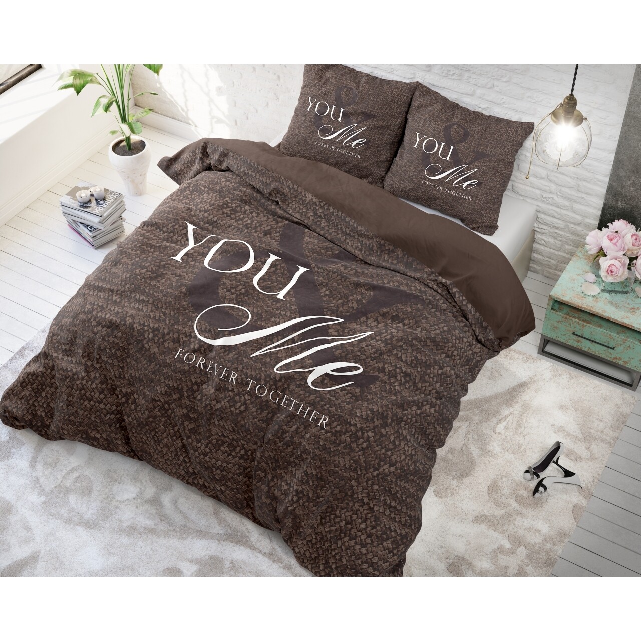 Lenjerie De Pat Pentru Doua Persoane Love For You And Me Taupe, Royal Textile,  100% Bumbac