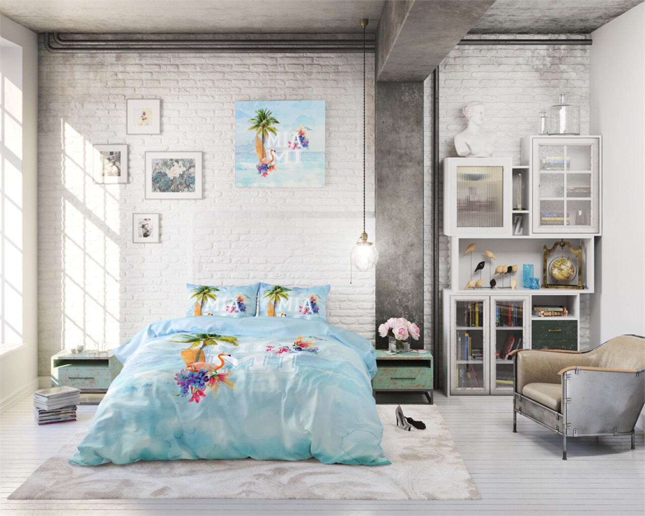 Lenjerie De Pat Dubla Pure Miami Summer Blue, Dreamhouse, 3 Piese, 100% Bumbac, Multicolora