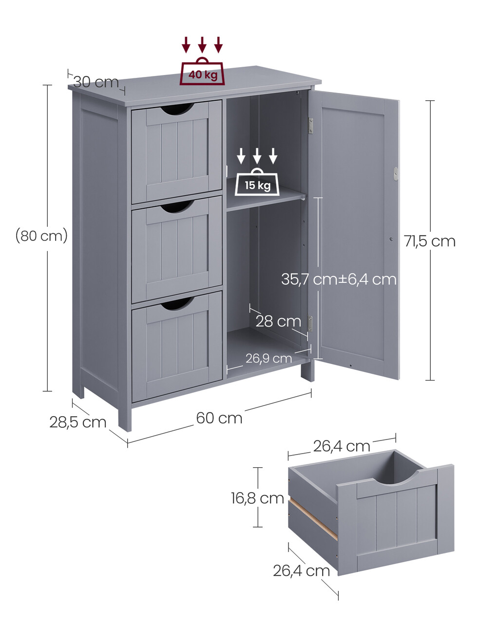 Dulap pentru baie cu 3 sertare, Vasagle, 60x30x80 cm, MDF, gri dove - 2 | YEO