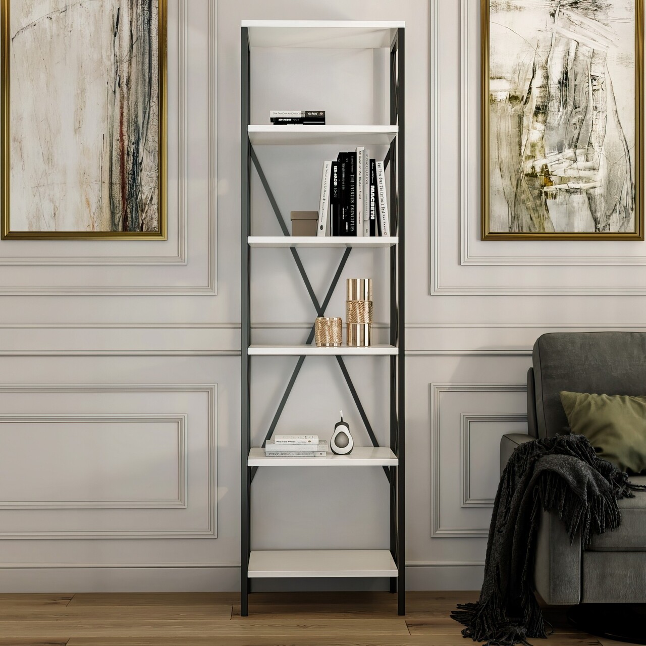 Corp biblioteca, Kalune Design, Suadiye, 50x180x30 cm, PAL, Alb/Negru - 1 | YEO