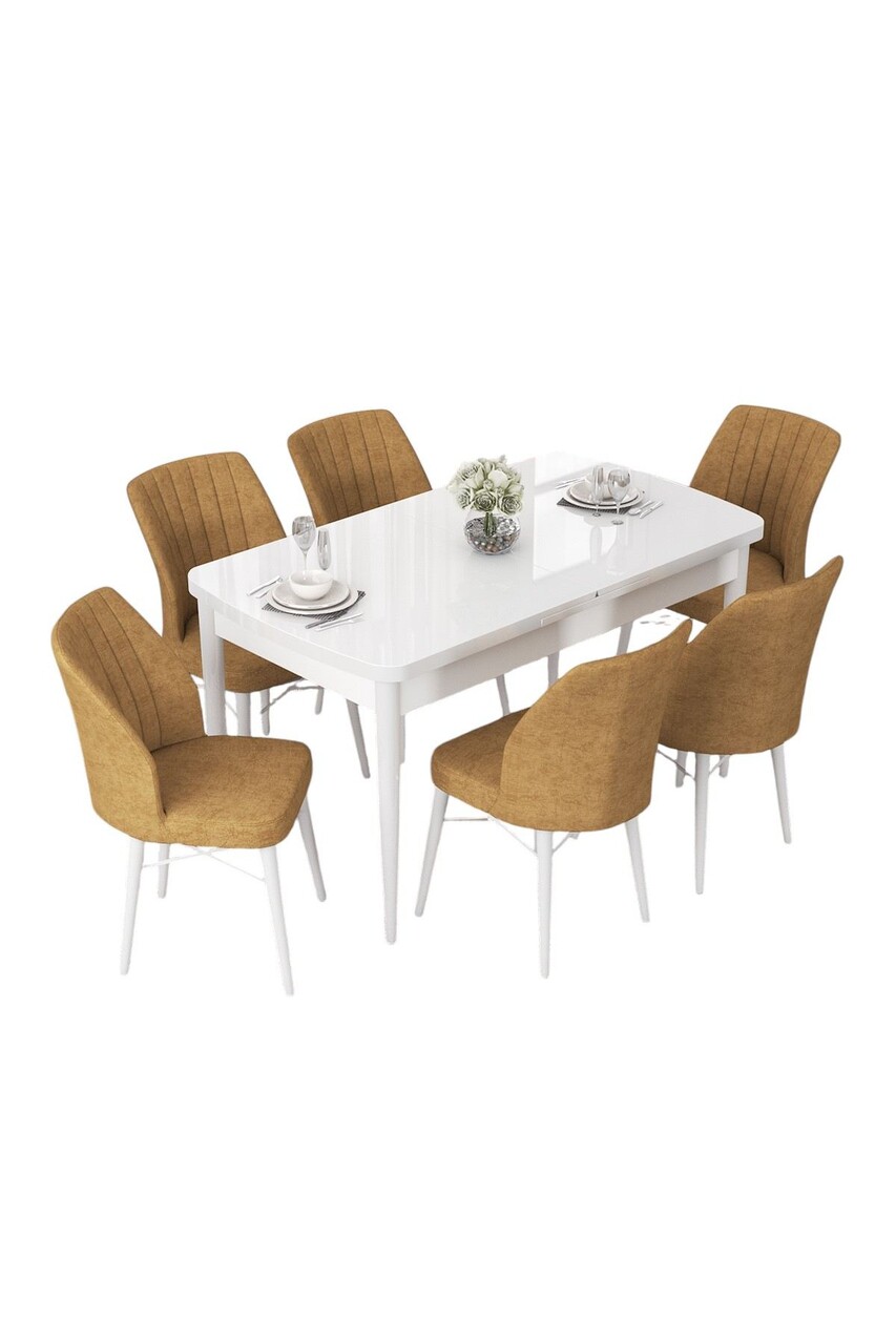 Set masă și scaune extensibile (7 Pieces), Hanah Home, Nef, Alb / Cappuccino - view 2
