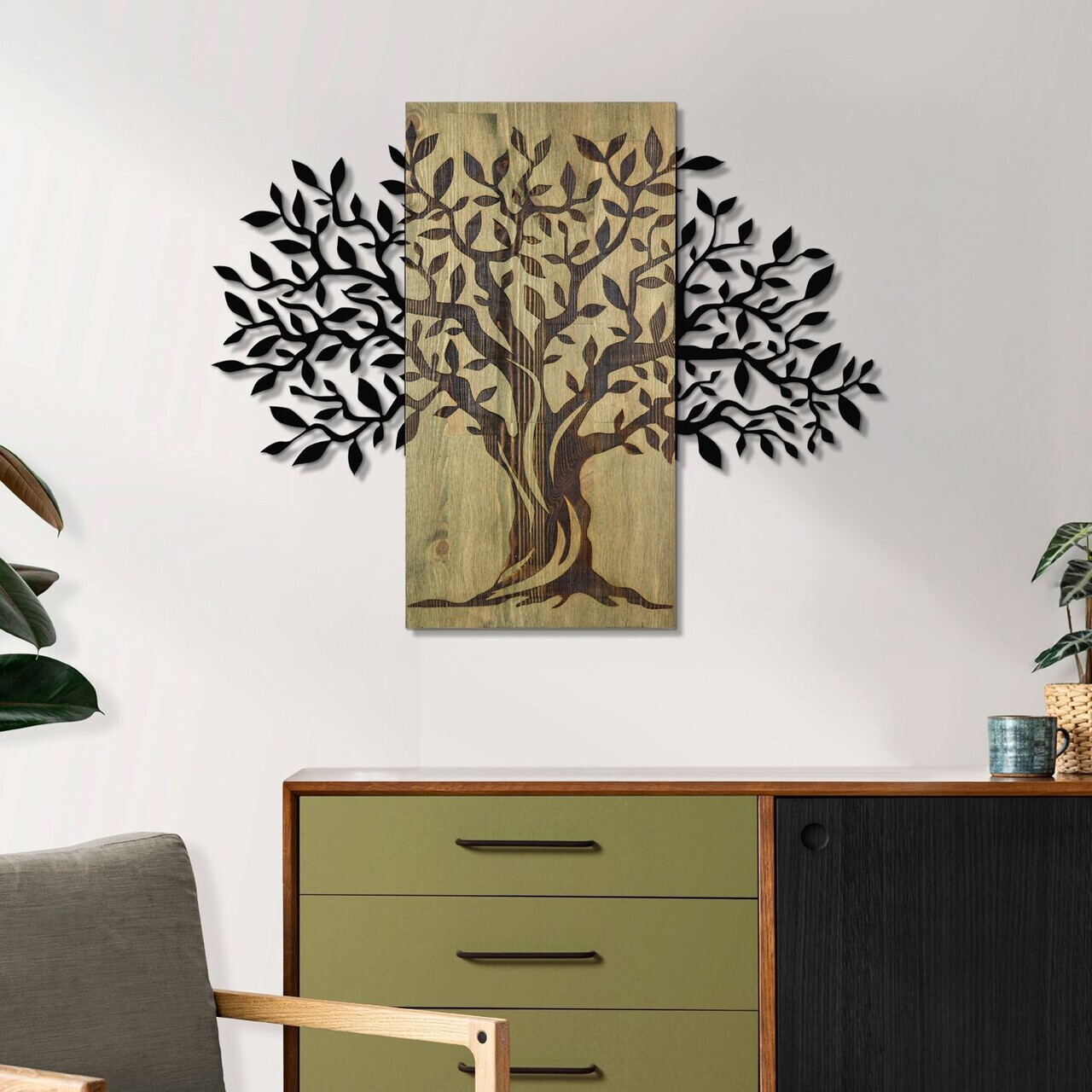 Decoratiune de perete, Arbre de Vie-2, Metal, Rama din lemn (grosime 3 cm), Verde/Negru — imaginea 2