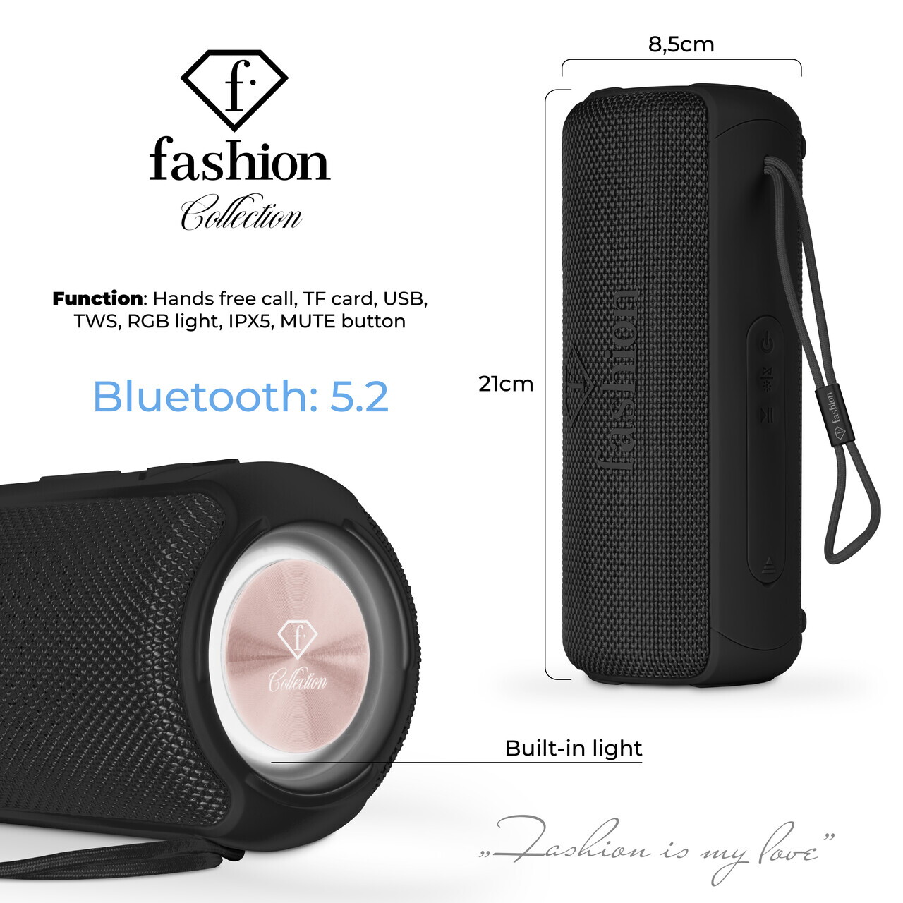 Boxa Bluetooth M Fashion TV, Matte Black-Rose Gold, 8.5x8.9x21 cm, negru - imagine 6