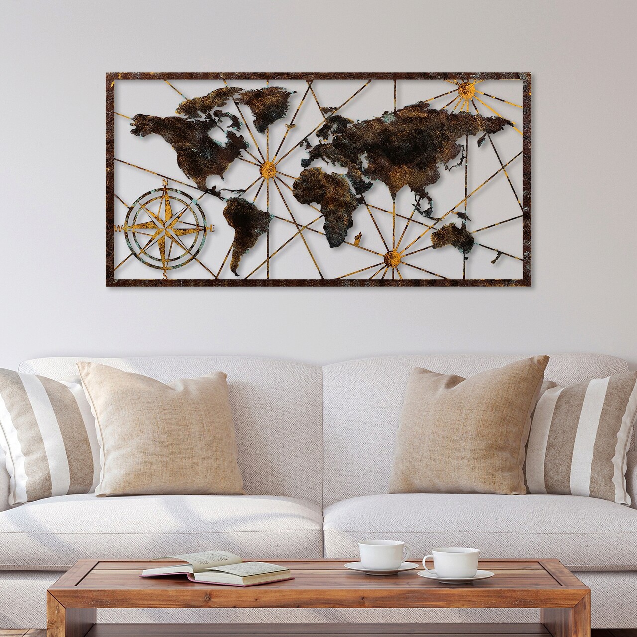 Decoratiune de perete, World Map Large, Metal, Latime: 120 cm / Inaltime: 60 cm, Multicolor - 2 | YEO