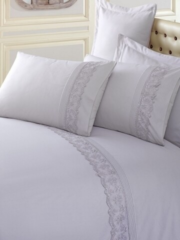 Lenjerie de pat dubla cu broderie, 6 piese, 240x260 cm, 100% bumbac ranforce , Cotton Box, gri
