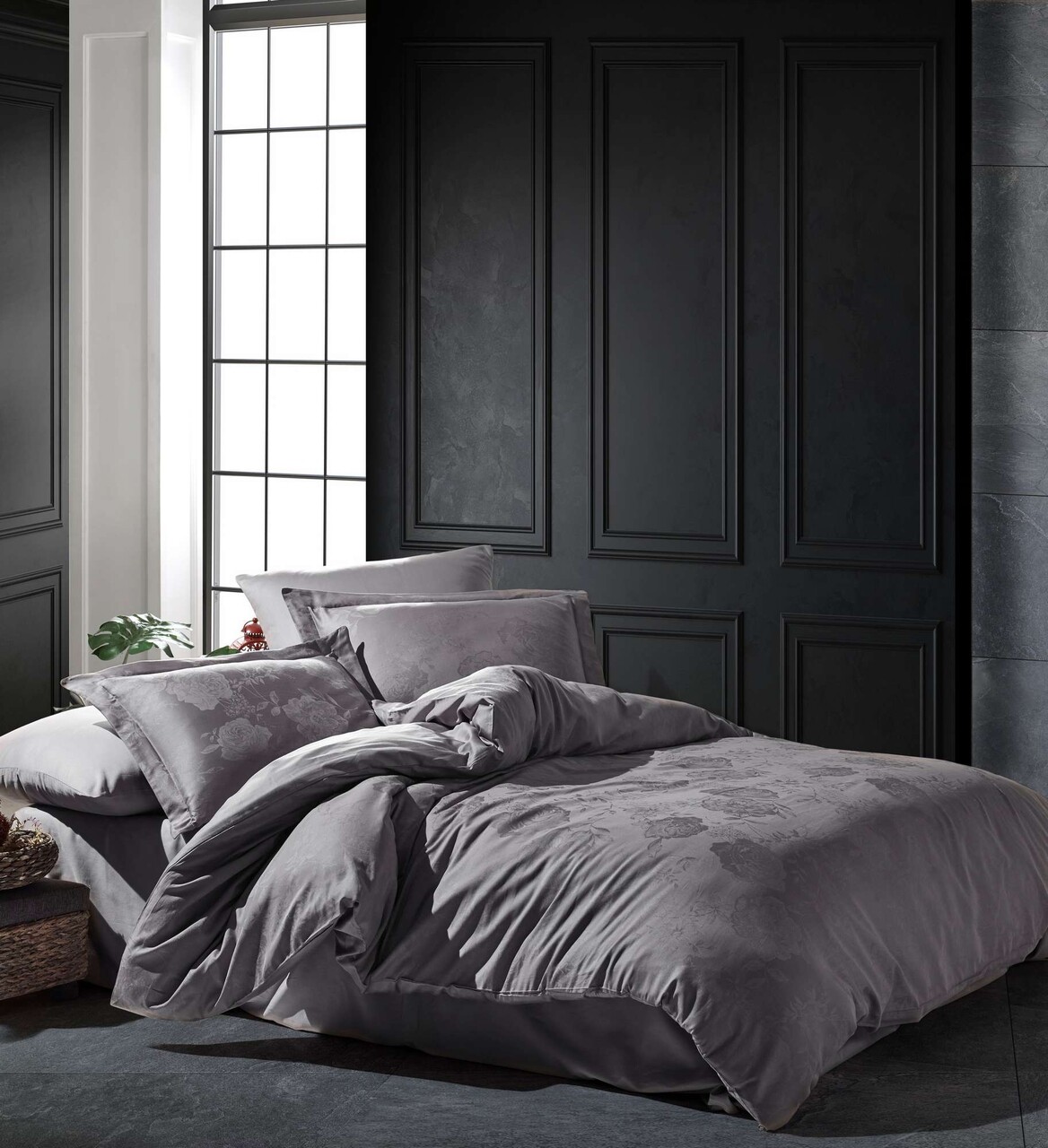Lenjerie de pat dubla, Talia - Dark Grey, Şaheser, Bumbac Satinat