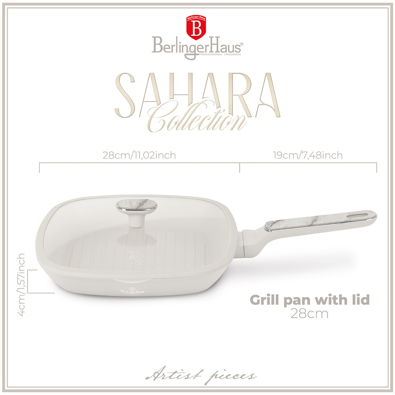 Tigaie grill cu capac Berlinger Haus, Sahara Marble, 28 cm, 2.1 L, aluminiu forjat, crem mat/marmura - imagine 5