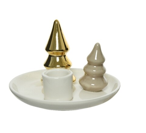 Suport pentru lumanare Fir, Decoris, 13x8.5 cm, portelan, alb/bej/auriu