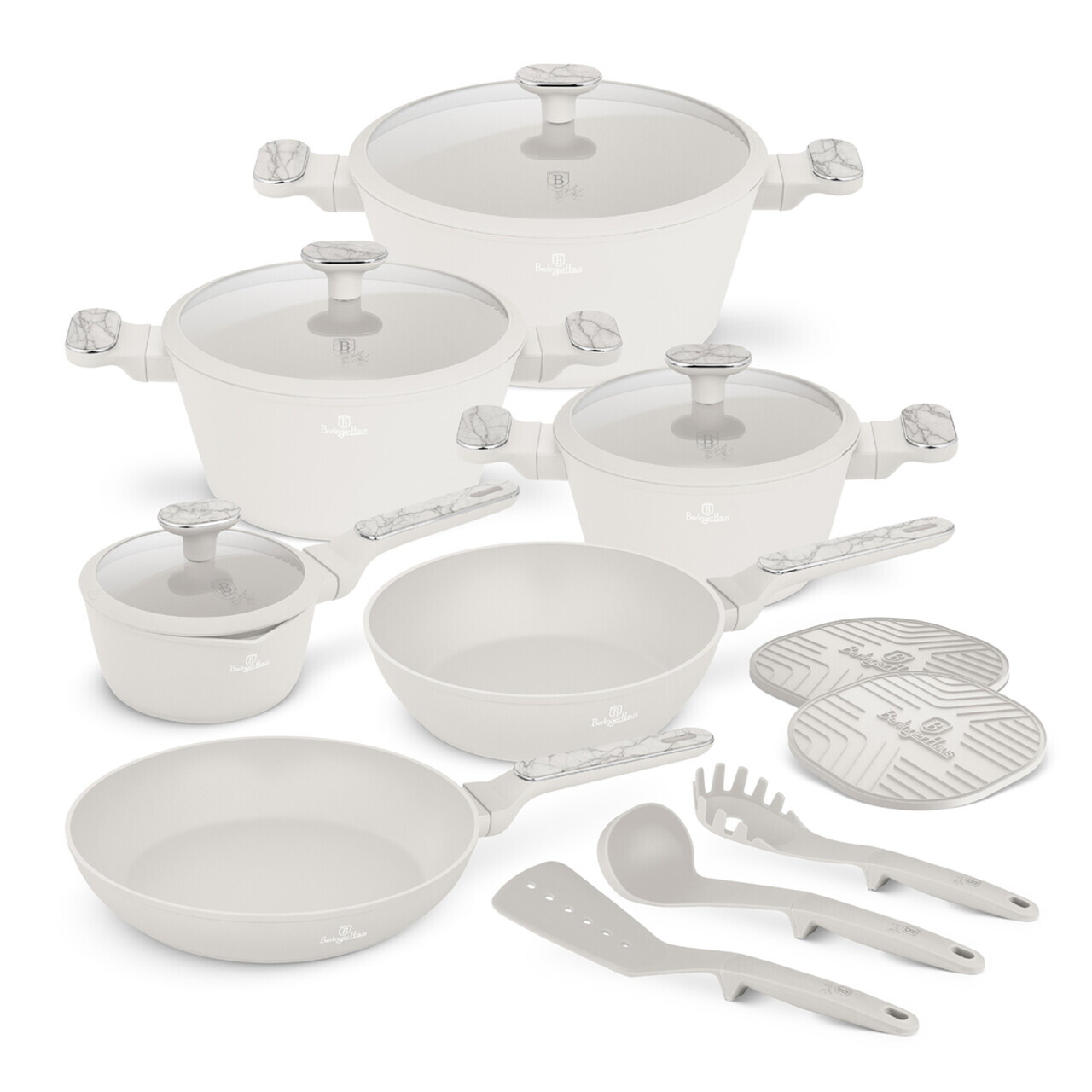 Set pentru gatit Berlinger Haus, Sahara Marble, 15 piese, aluminiu forjat, crem mat/marmura - imagine 2