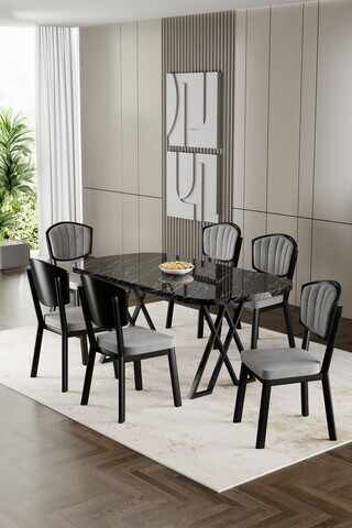 Set masa si scaune (7 piese), Hanah Home, Flori, Model de marmură neagră / Gri