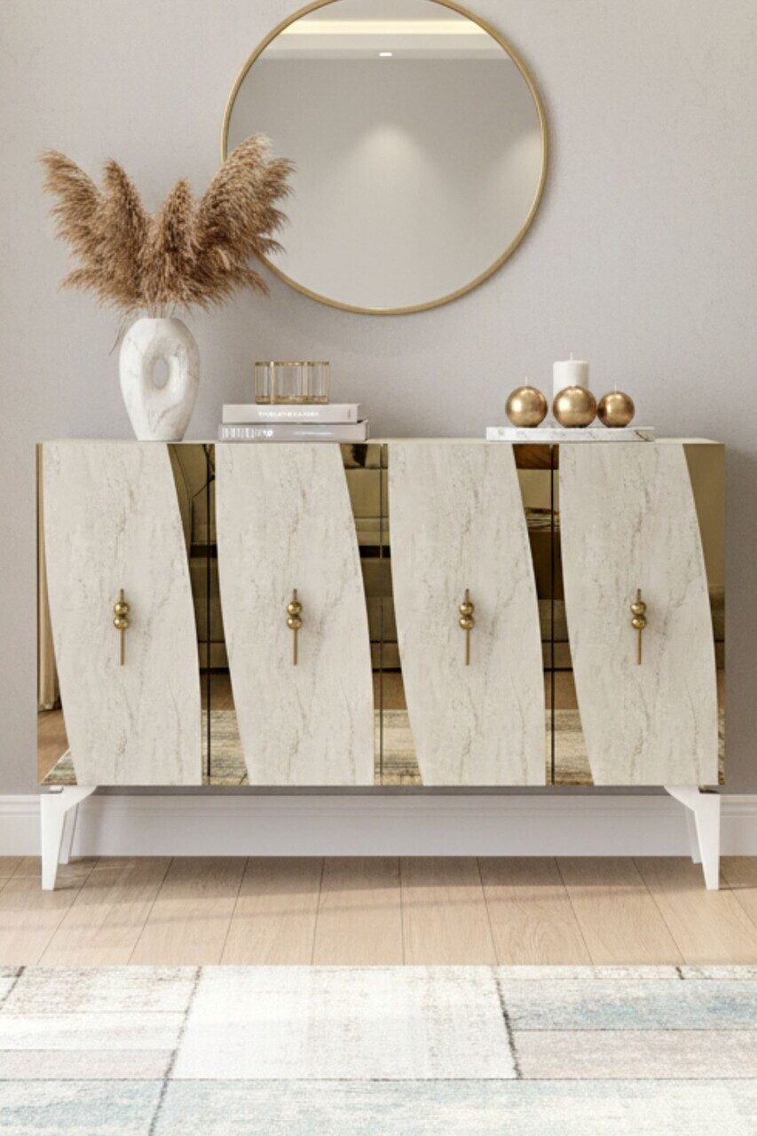 Consola, Hanah Home, Elips 120, 120x75x32 cm, White / Travertine / Gold — imaginea 2