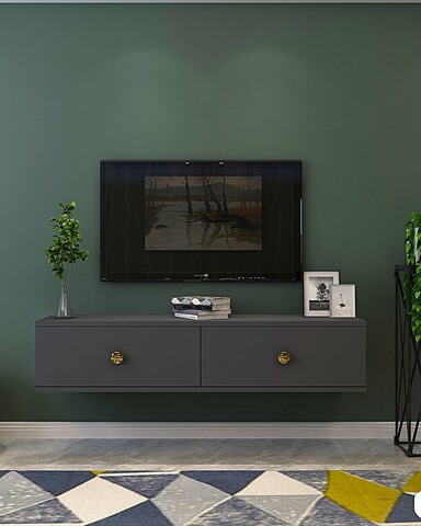 Comoda TV, Hanah Home, Zuzu 120, 120x25.8x29.6 cm, PAL , Antracit / Aur