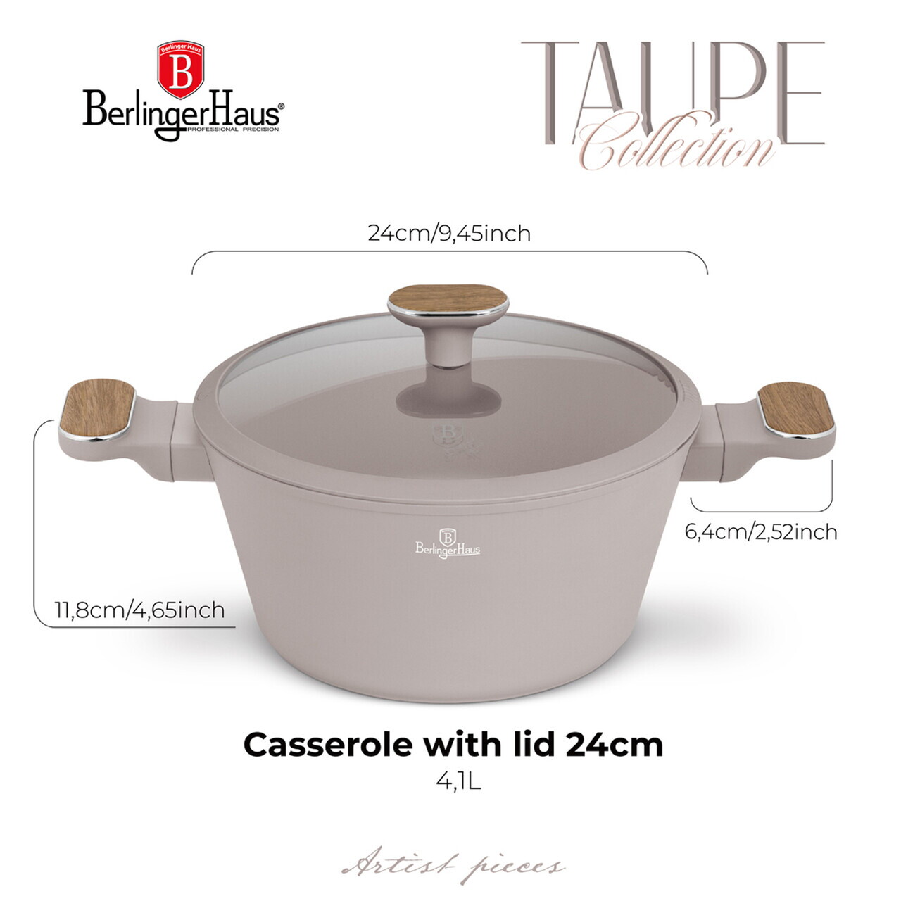 Oala cu capac Berlinger Haus, Taupe Nordic, 24 cm, 4.3 L, aluminiu forjat, taupe mat/natur - imagine 7