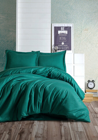 Lenjerie de pat dubla king (fr), stripe - petrol green, cotton box, bumbac satinat