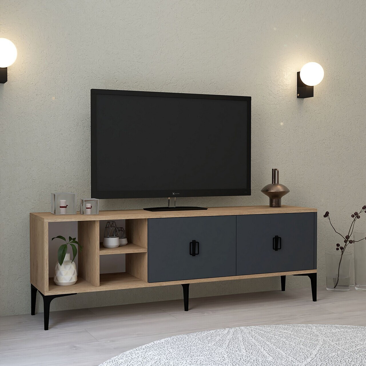 Comoda TV, Hanah Home, Era 3505, 150x50x35 cm, PAL, Stejar safir / Antracit — imaginea 4