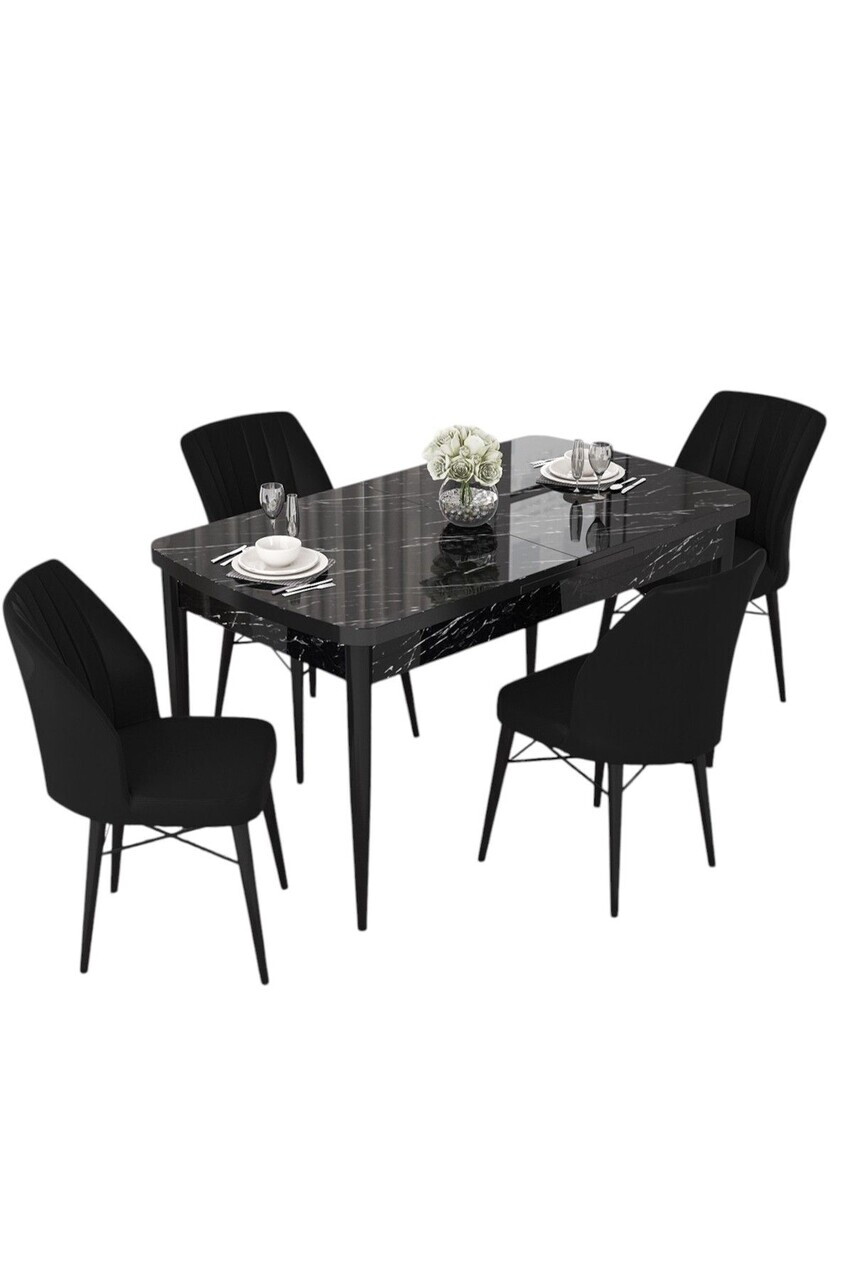 Set masa extensibila si scaune (5 piese), Hanah Home, Nef, Model de marmură neagră / Negru — imaginea 2
