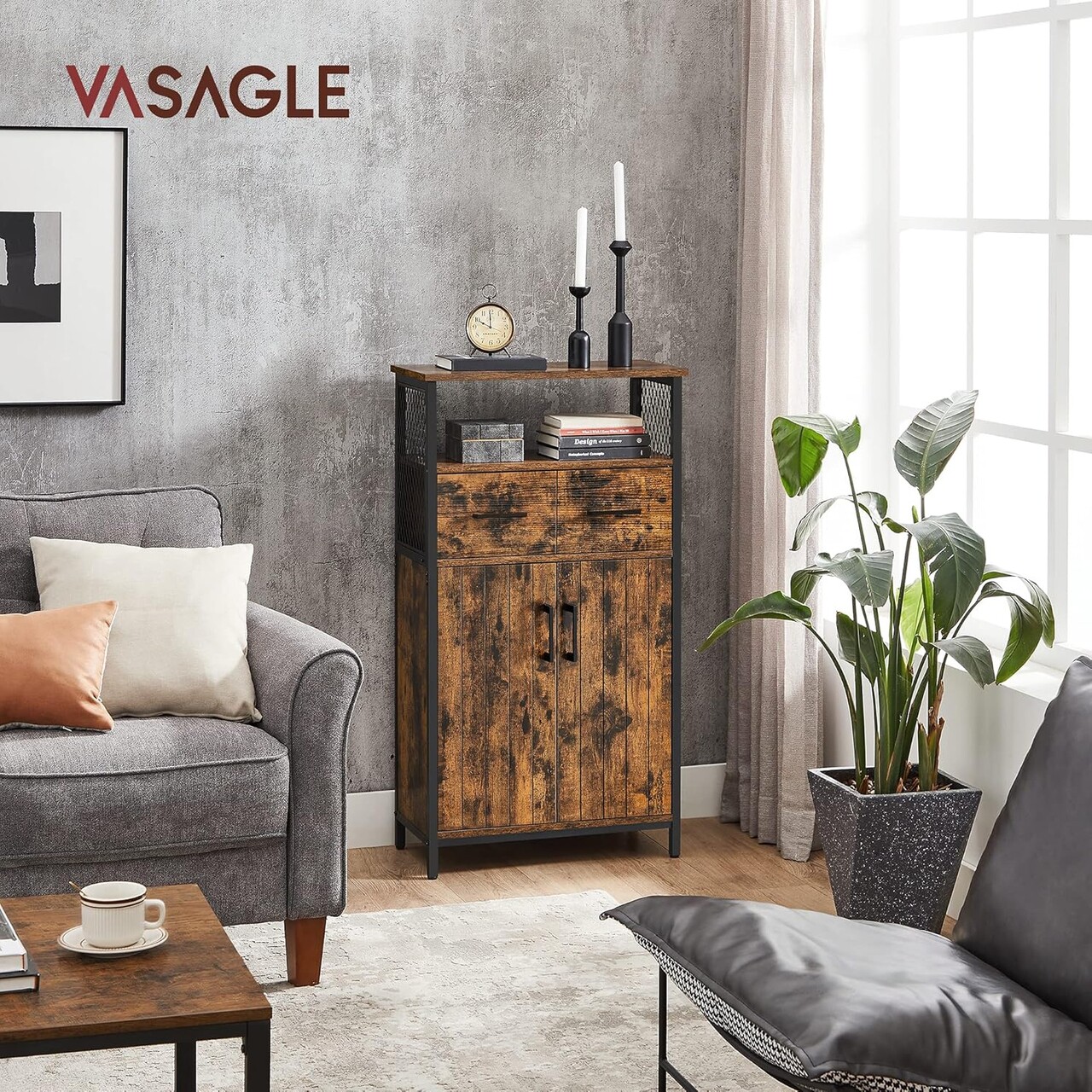 Bufet multifunctional, Vasagle, 60x30x108 cm, PAL/otel, maro rustic - 2 | YEO