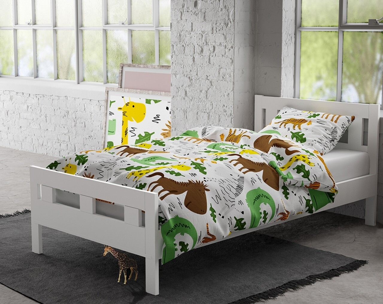 Lenjerie De Pat Pentru O Persoana, Small Zoo White, Royal Textile, 2 Piese, 140 X 200 Cm, 100% Bumbac Flanel, Multicolora