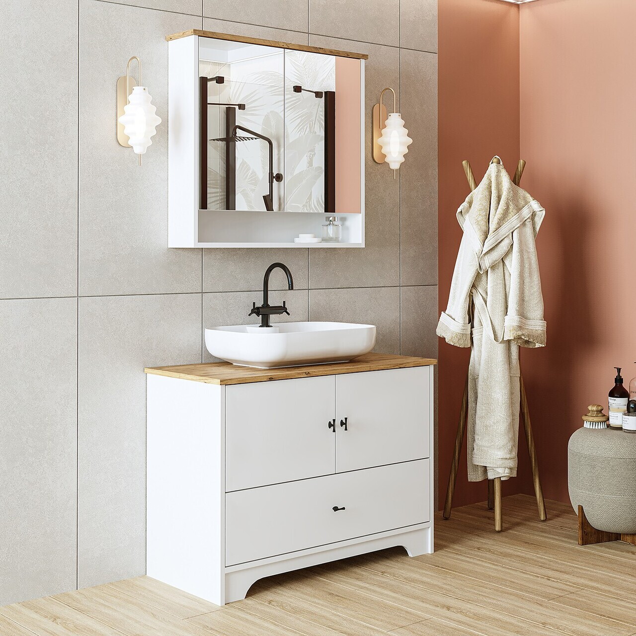 Set Dulap de Baie cu Chiuvetă și Oglindă (2 Piese), Hanah Home, 2396, MDF-LAM, Alb mat
