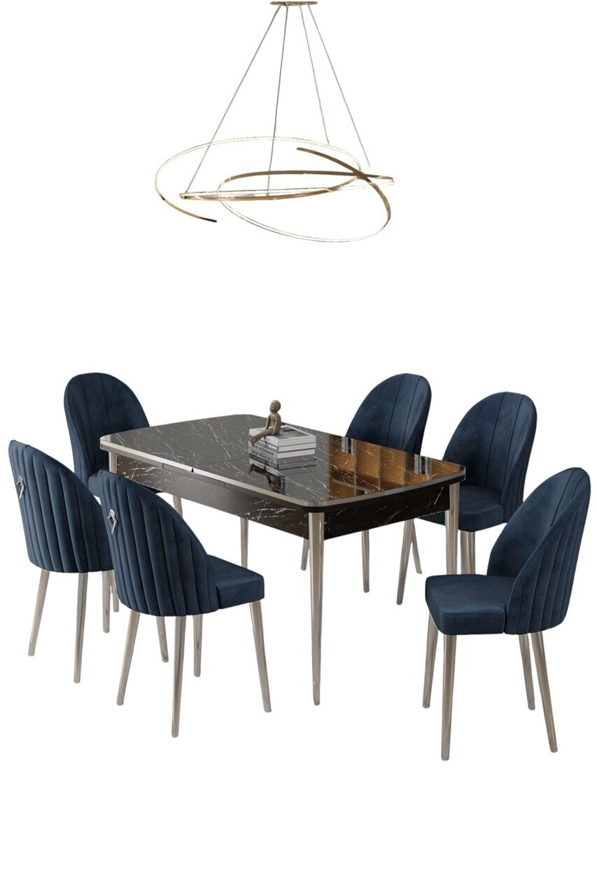 Set masa extensibila si scaune (7 piese), Hanah Home, Rada, Model de marmură neagră / Crom / Antracit — imaginea 2