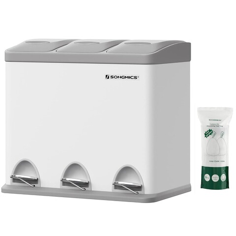 Cos de gunoi colectare selectiva / cos de reciclare 3 in 1, cu pedala, 3 x 8 L, otel/plastic, alb/gri
