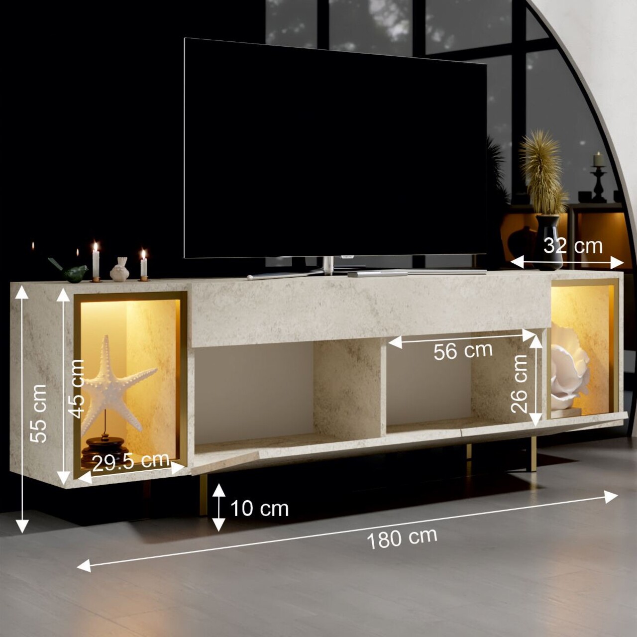 Comoda TV, Hanah Home, Zenith, 180x55x32 cm, Travertin / Auriu - view 5