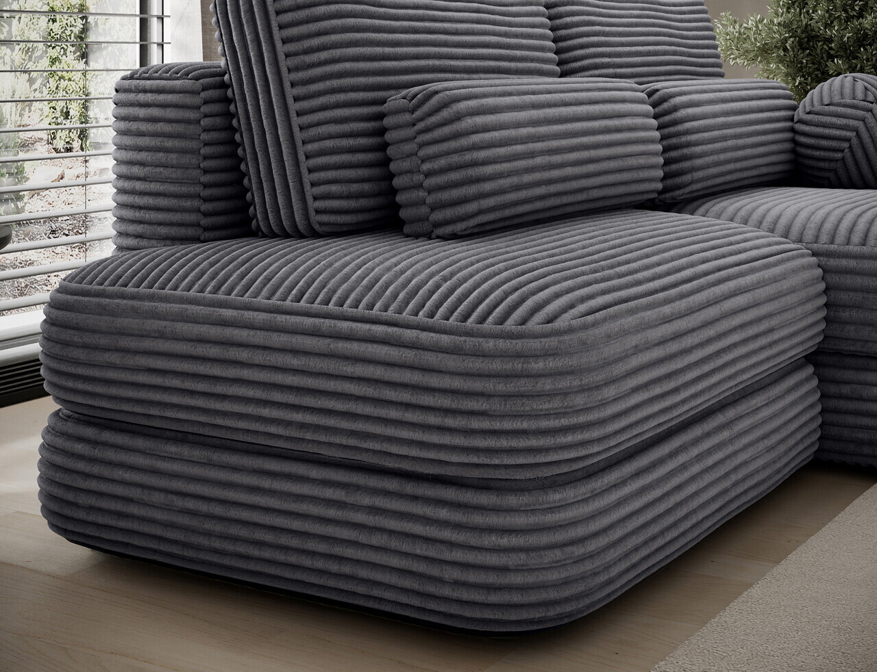 Coltar extensibil dreapta 3 locuri ELTAP, Ripeli, 217x175x96 cm, lemn/catifea din poliester, gri inchis — imaginea 8
