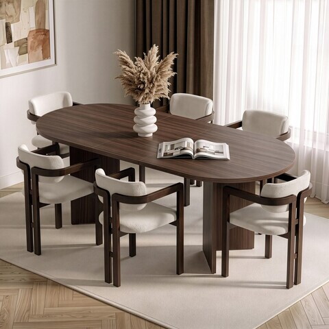 Set masa extensibila si scaune (7 piese), Nordure, Aleria 6, Nuc Milano / Nuc Închis / Alb