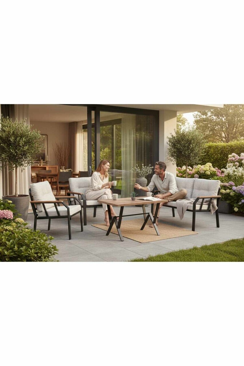 Set mobilier de gradina Hanah Home Nergiz 2+1+1 Metal Crem/Negru