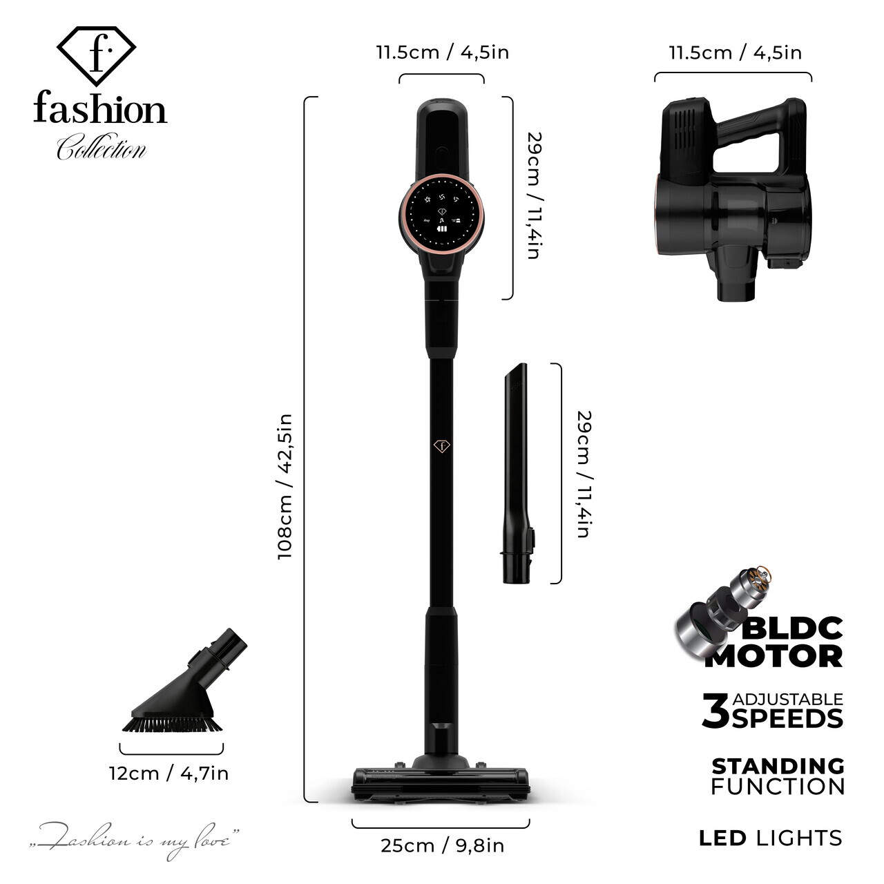 Aspirator vertical Fashion TV, Matte Black-Rose Gold, 250 W, 3 viteze, negru - imagine 9