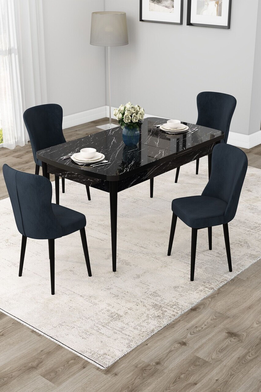 Set masa extensibila si scaune (5 piese), Hanah Home, Due, Model de marmură neagră / Antracit
