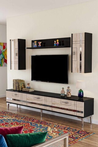 Comoda TV, Hanah Home, Ilay, 180x41x30 cm, Antracit / Travertin / Argint