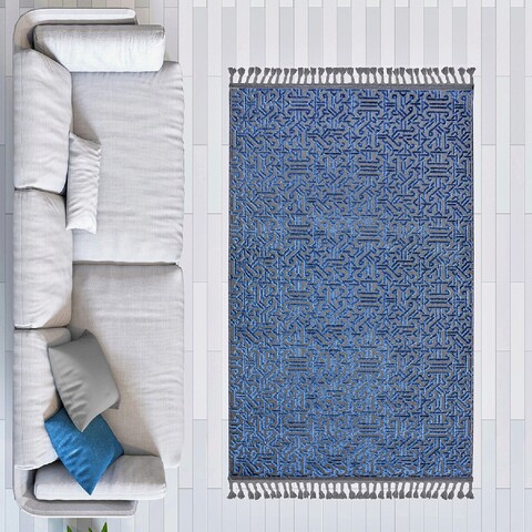 Covor de hol, las monte 3010, 100x300 cm, 60% bumbac;40% fibre acrilice, gri/albastru marin