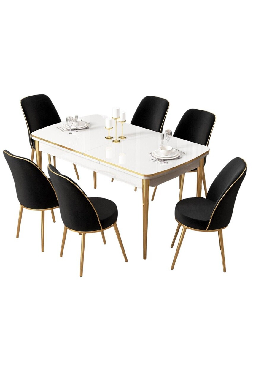 Set masa extensibila si scaune (7 piese), Hanah Home, Pale, Alb / Auriu / Negru — imaginea 2