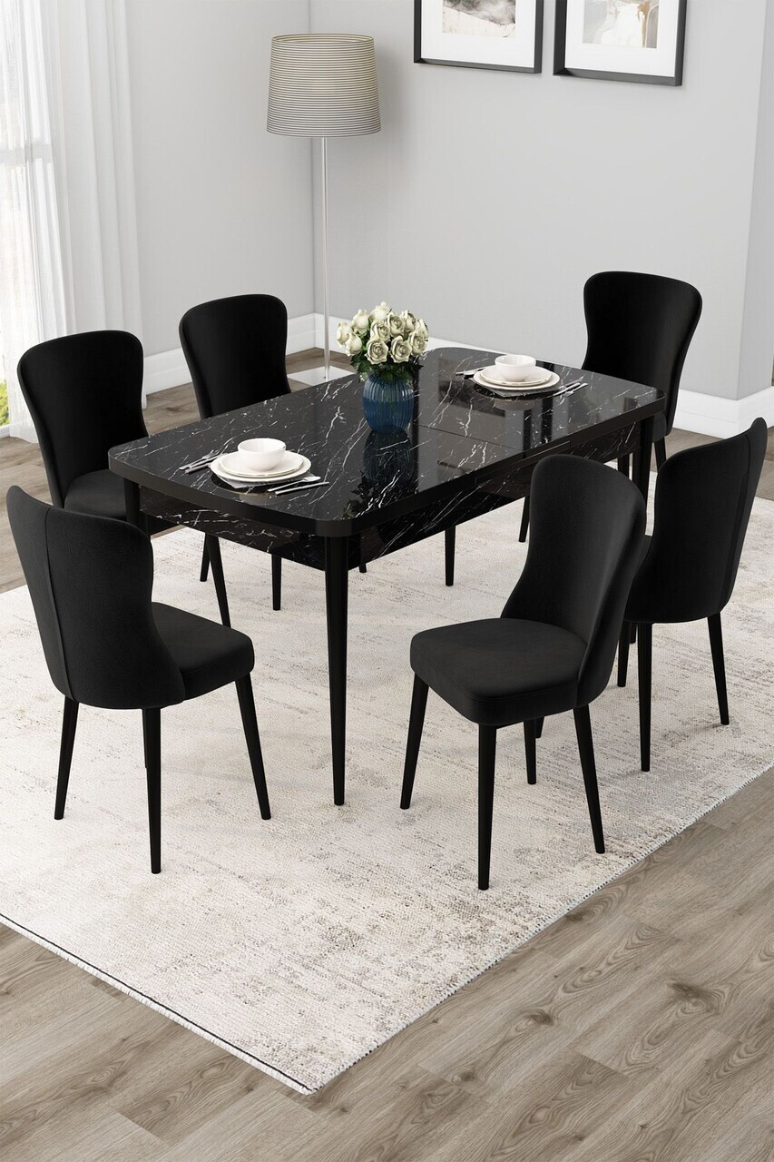 Set masa extensibila si scaune (7 piese), Hanah Home, Due, Model de marmură neagră / Negru