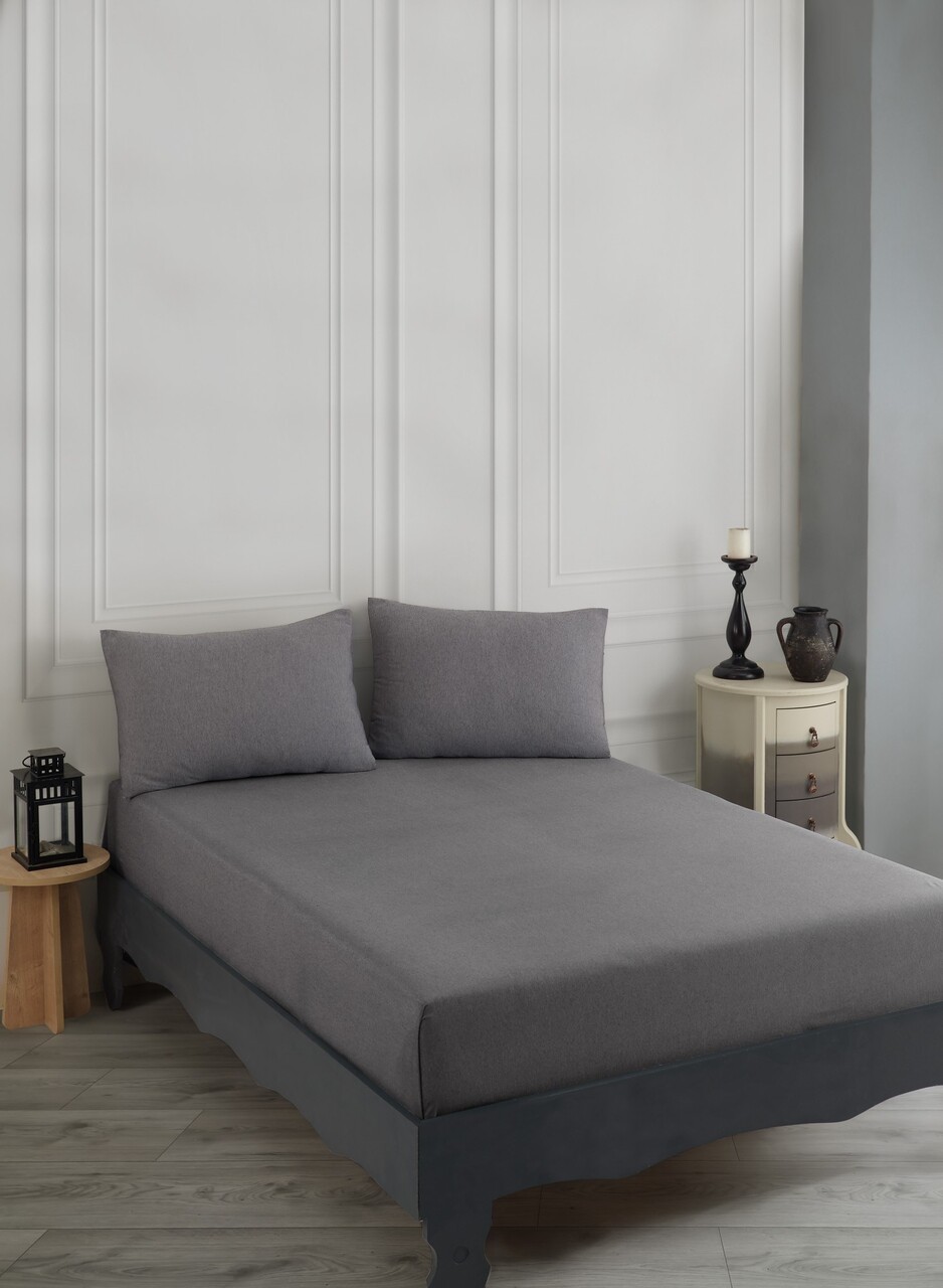 Set de pat dublu (cearceaf cu elastic si perne) 3 piese, Road Potlu - Black, EnLora Home, 70% bumbac/30% poliester