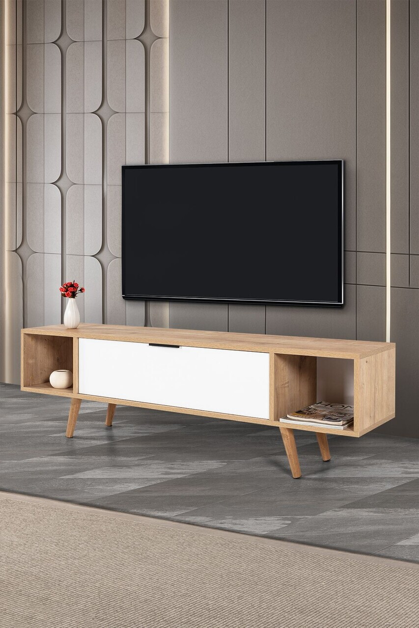 Comoda TV, Hanah Home, Mesir 3628, 160x47x35 cm, PAL, Stejar Safir / Alb — imaginea 4