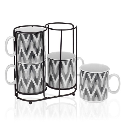 Set 4 cani cu suport Cierra, Versa, Ø10.5x8 cm, portelan, negru