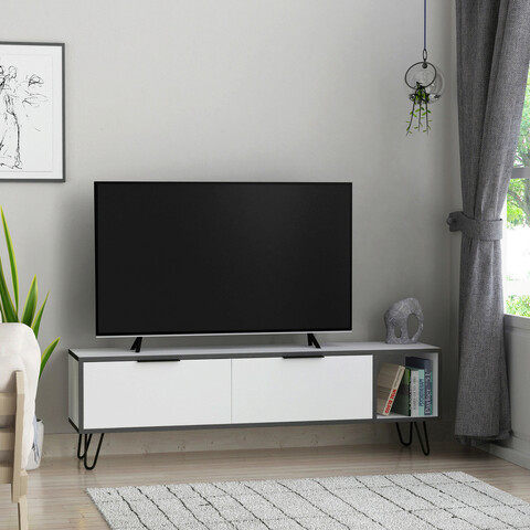 Comoda tv, decortie, furoki, 150x50x35 cm, alb / antracit