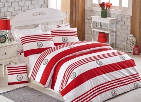 Lenjerie de pat pentru o persoana, Red &amp; White, Beverly Hills Polo Club, 100% bumbac ranforce, rosu/alb/verde