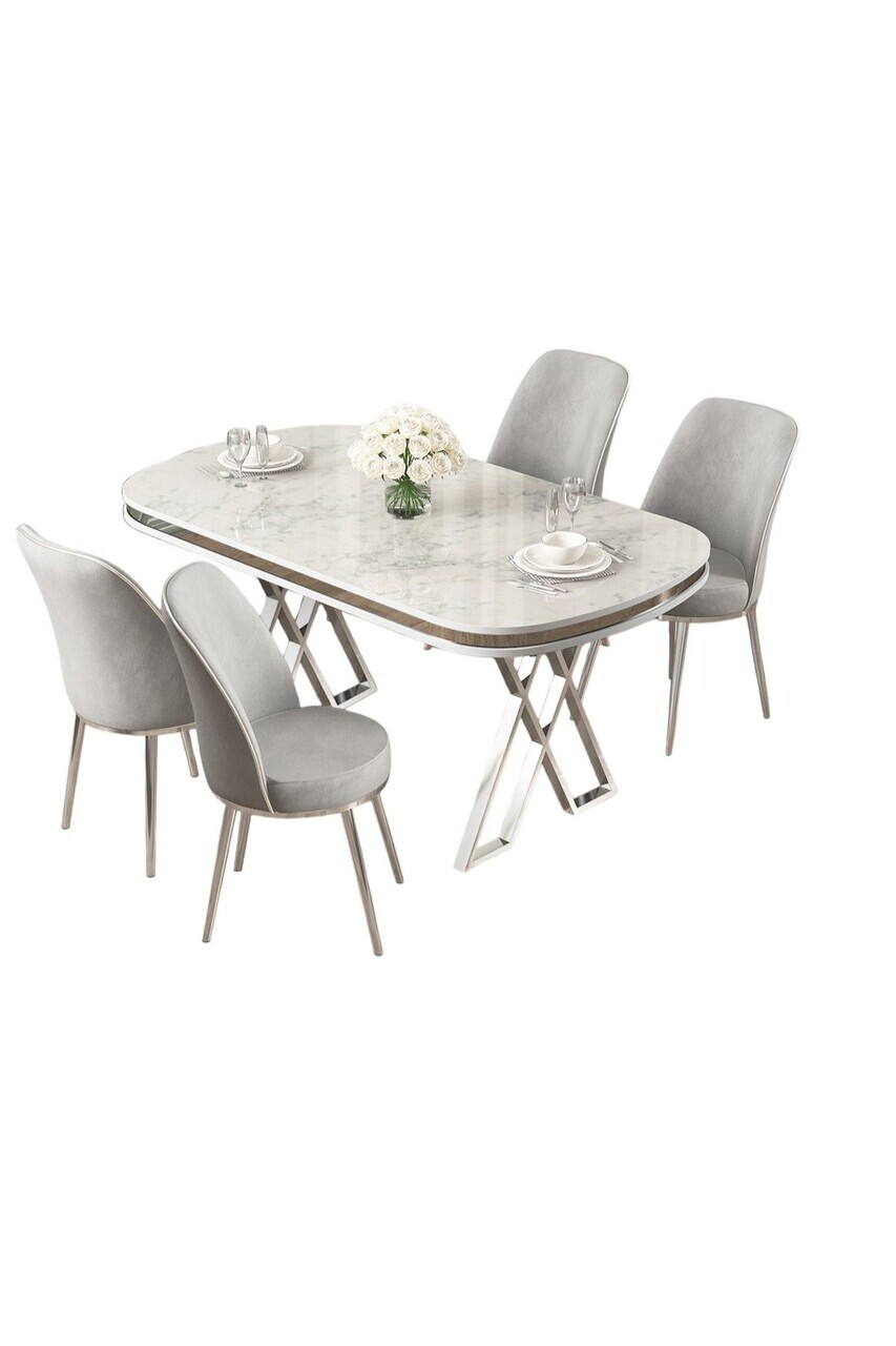 Set masa si scaune (5 piese), Hanah Home, Lai, Model de marmură albă / Crom / Gri — imaginea 2