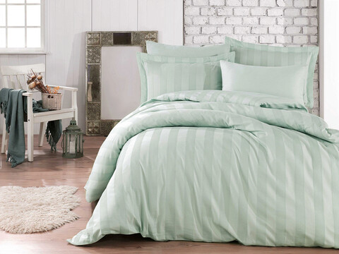 Lenjerie de pat dubla Exclusive Satin 6 piese, Wafel - Sea Green, Hobby, Bumbac Satinat