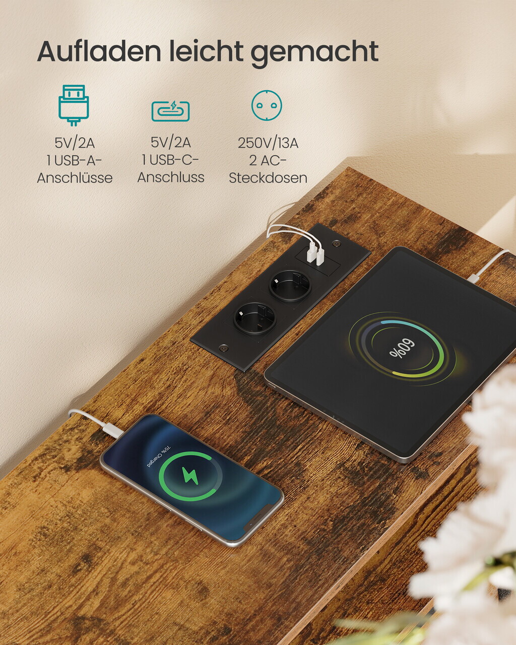 Comoda cu 5 sertare si iluminare LED, Songmics, priza integrata, 98.7x30x68.1 cm, maro rustic/negru - imagine 6