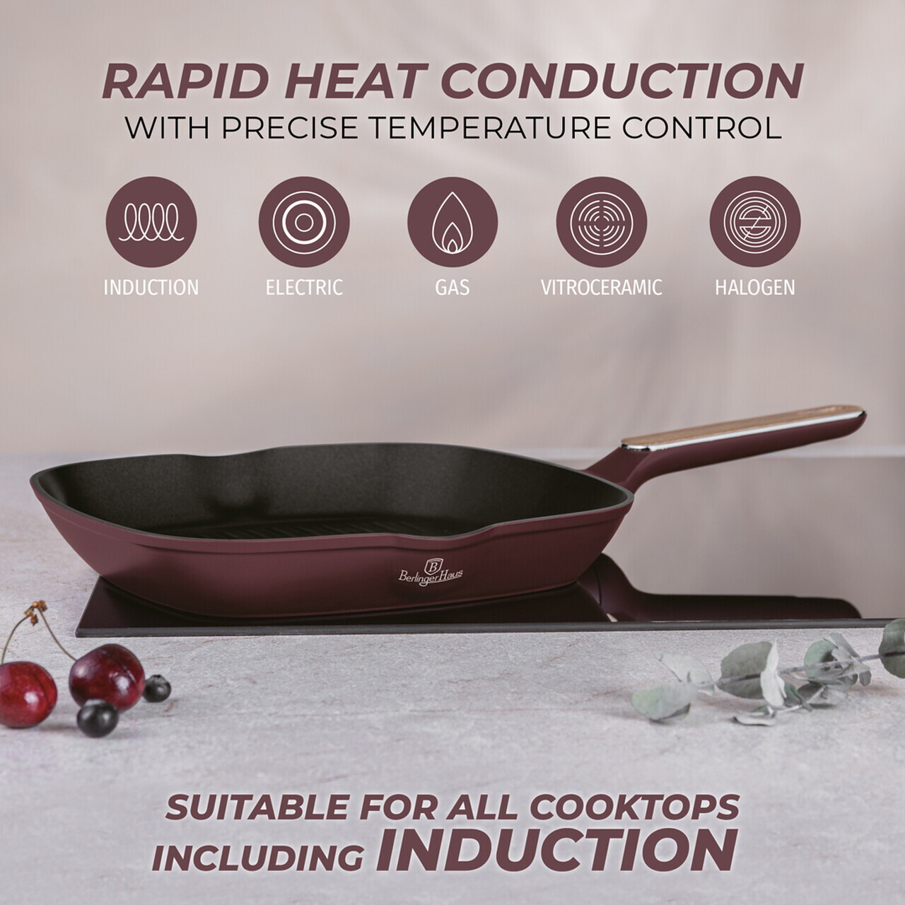 Tigaie grill Berlinger Haus, Leonardo Nordic, 28 cm, 2.1 L, aluminiu forjat, visiniu mat - imagine 12