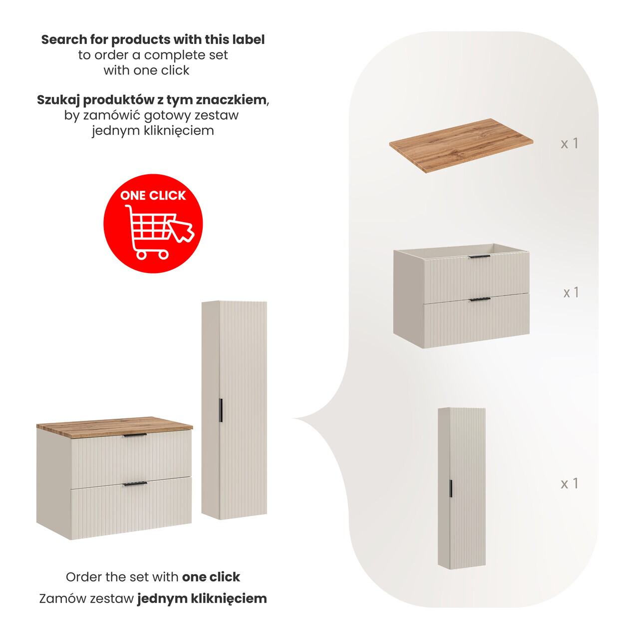 Set mobilier baie Adel Cashmere Wotan 80 cm HC, dulap inalt si masca lavoar, Comad, MDF/PAL, casmir — imaginea 2