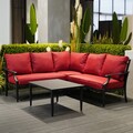 Set mobilier gradina/terasa, 4 piese, Braxton, otel, negru/rosu